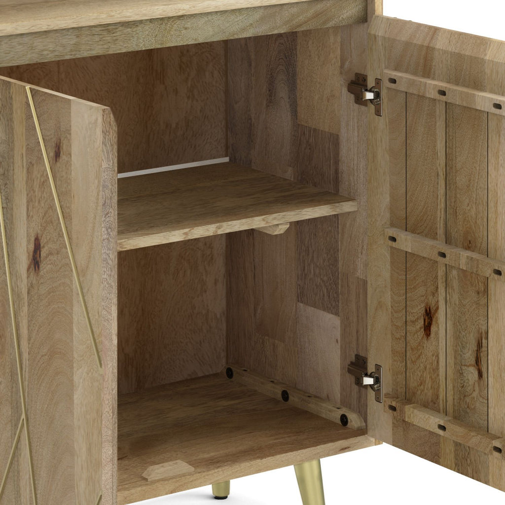 Mid-Century Modern Bookshelf with Doors – Natural Mango Wood & Gold Accents