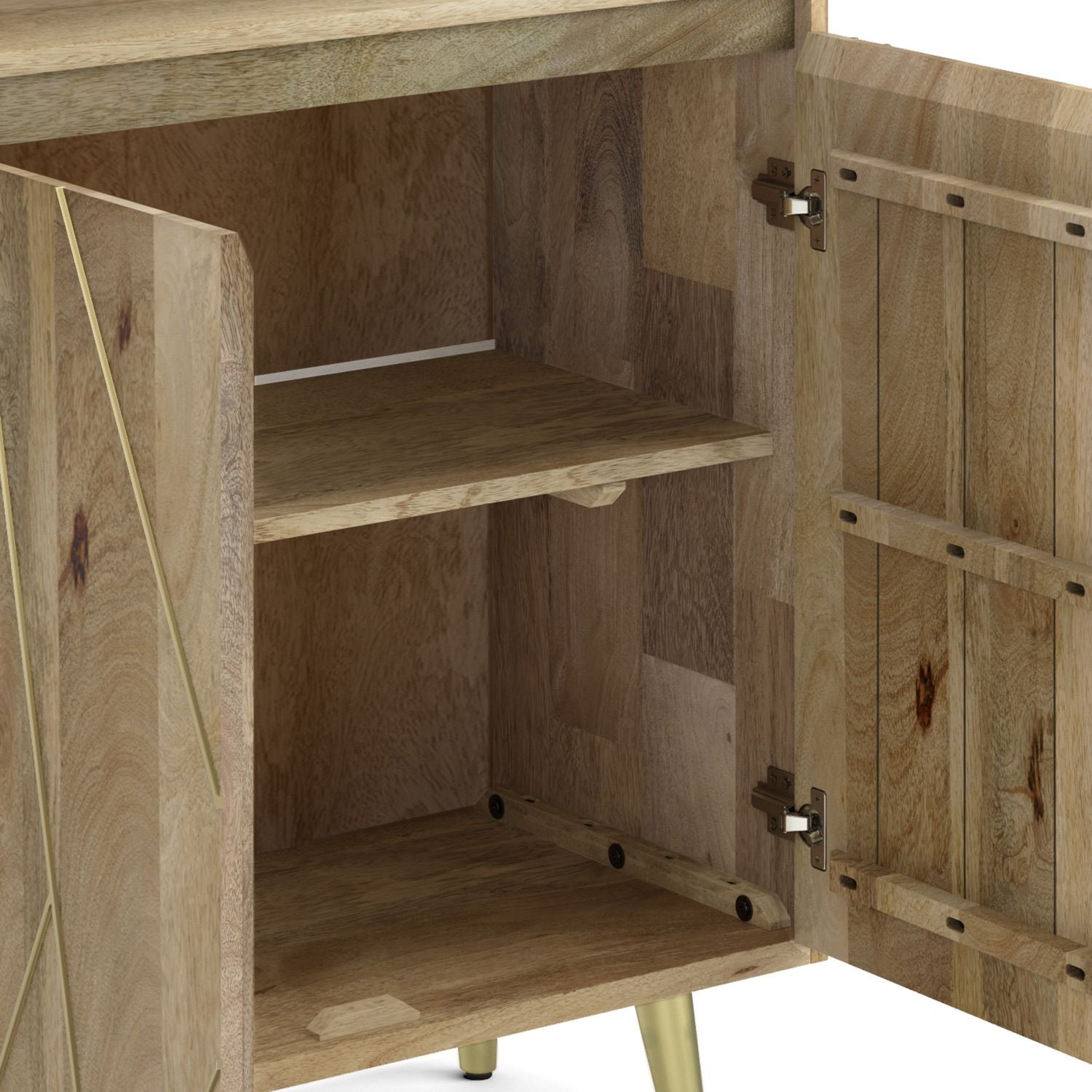 Mid-Century Modern Bookshelf with Doors – Natural Mango Wood & Gold Accents