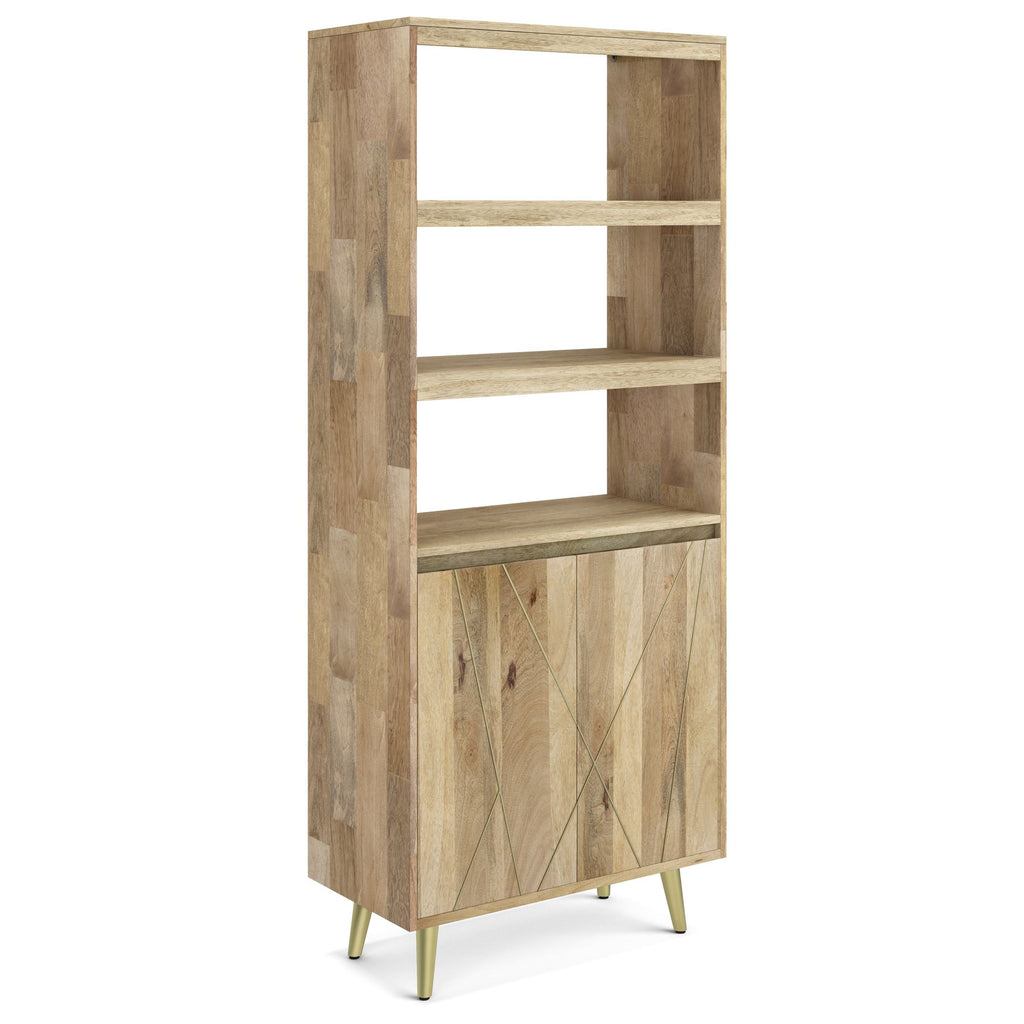 Mid-Century Modern Bookshelf with Doors – Natural Mango Wood & Gold Accents