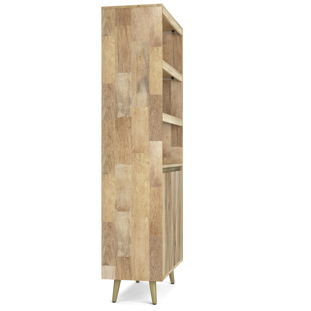 Mid-Century Modern Bookshelf with Doors – Natural Mango Wood & Gold Accents