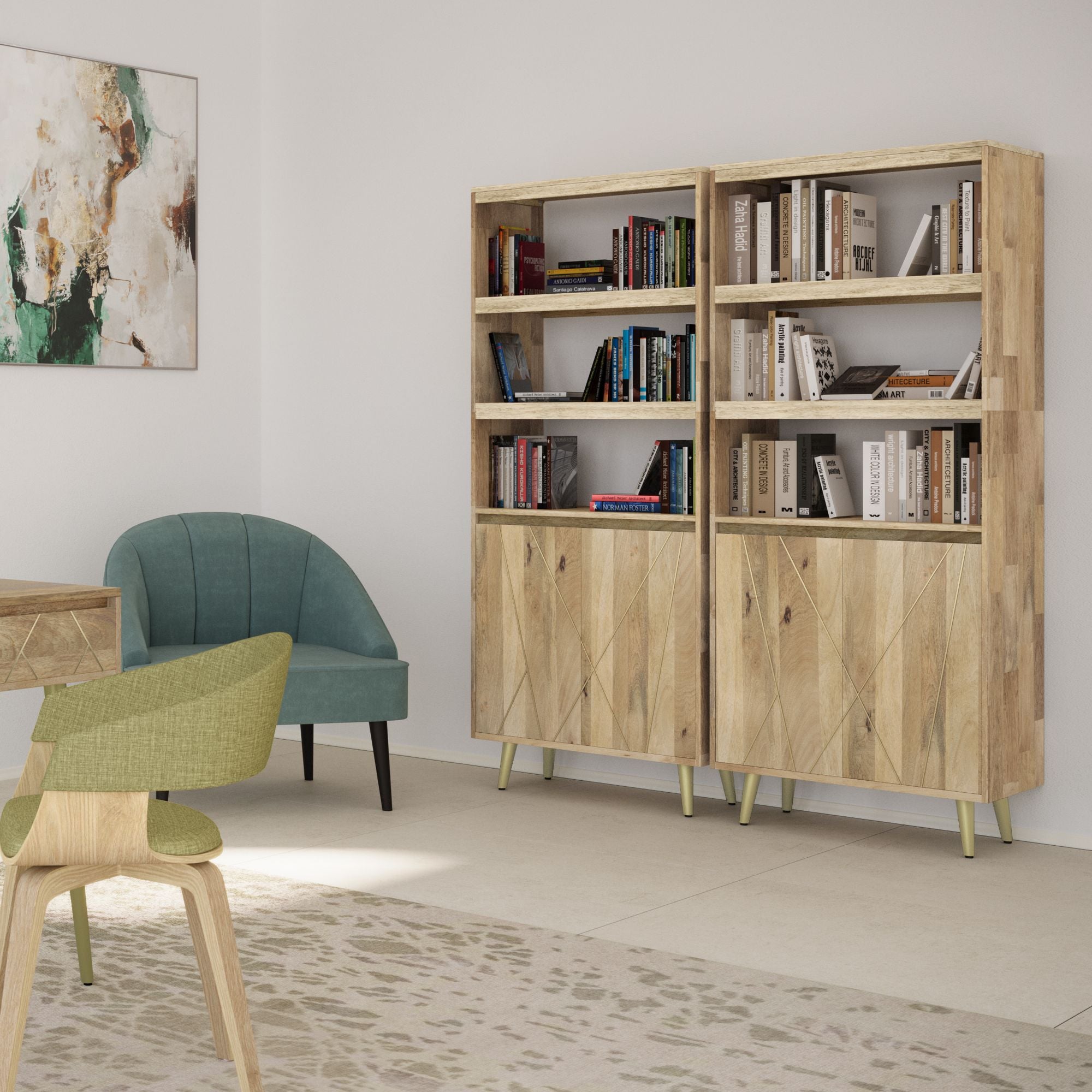 Mid-Century Modern Bookshelf with Doors – Natural Mango Wood & Gold Accents