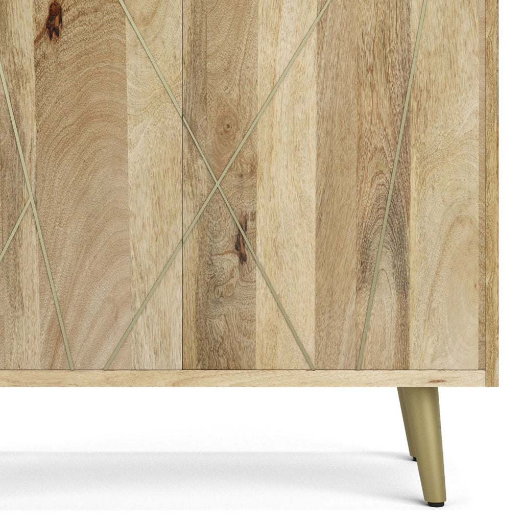Mid-Century Modern Bookshelf with Doors – Natural Mango Wood & Gold Accents