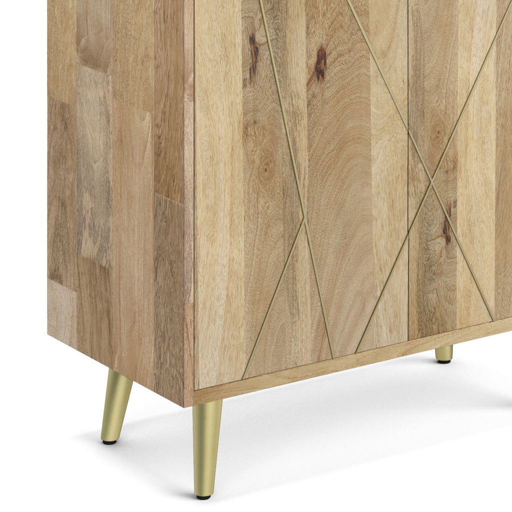Mid-Century Modern Bookshelf with Doors – Natural Mango Wood & Gold Accents