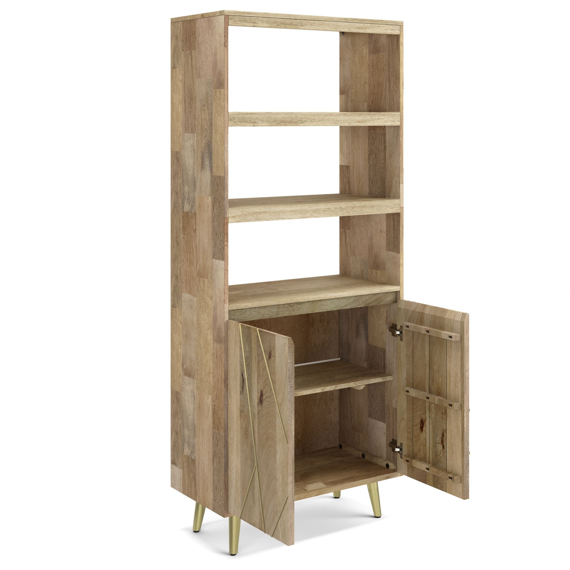 Mid-Century Modern Bookshelf with Doors – Natural Mango Wood & Gold Accents