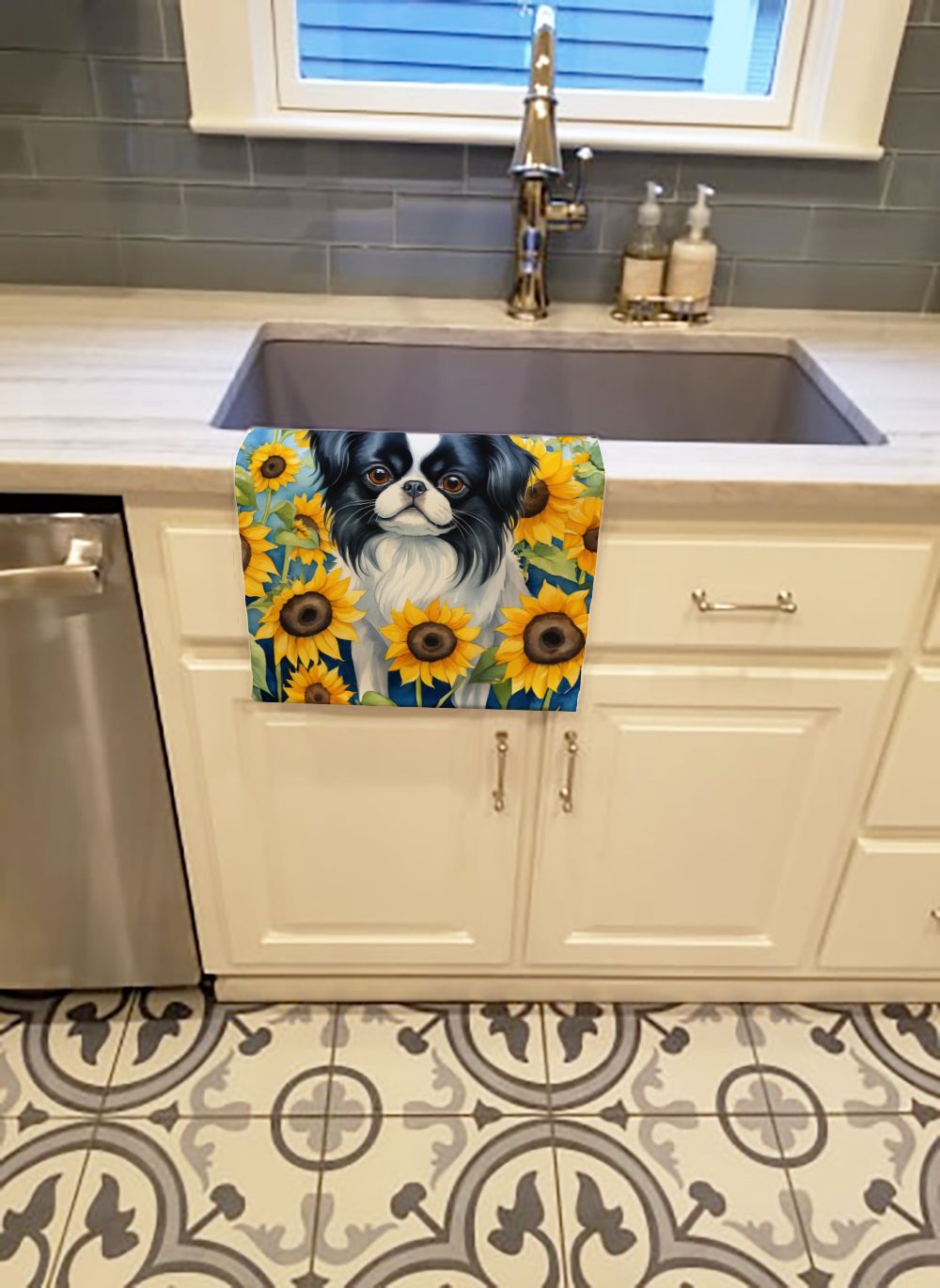 Japanese Chin in Sunflowers Decorative Kitchen Towel