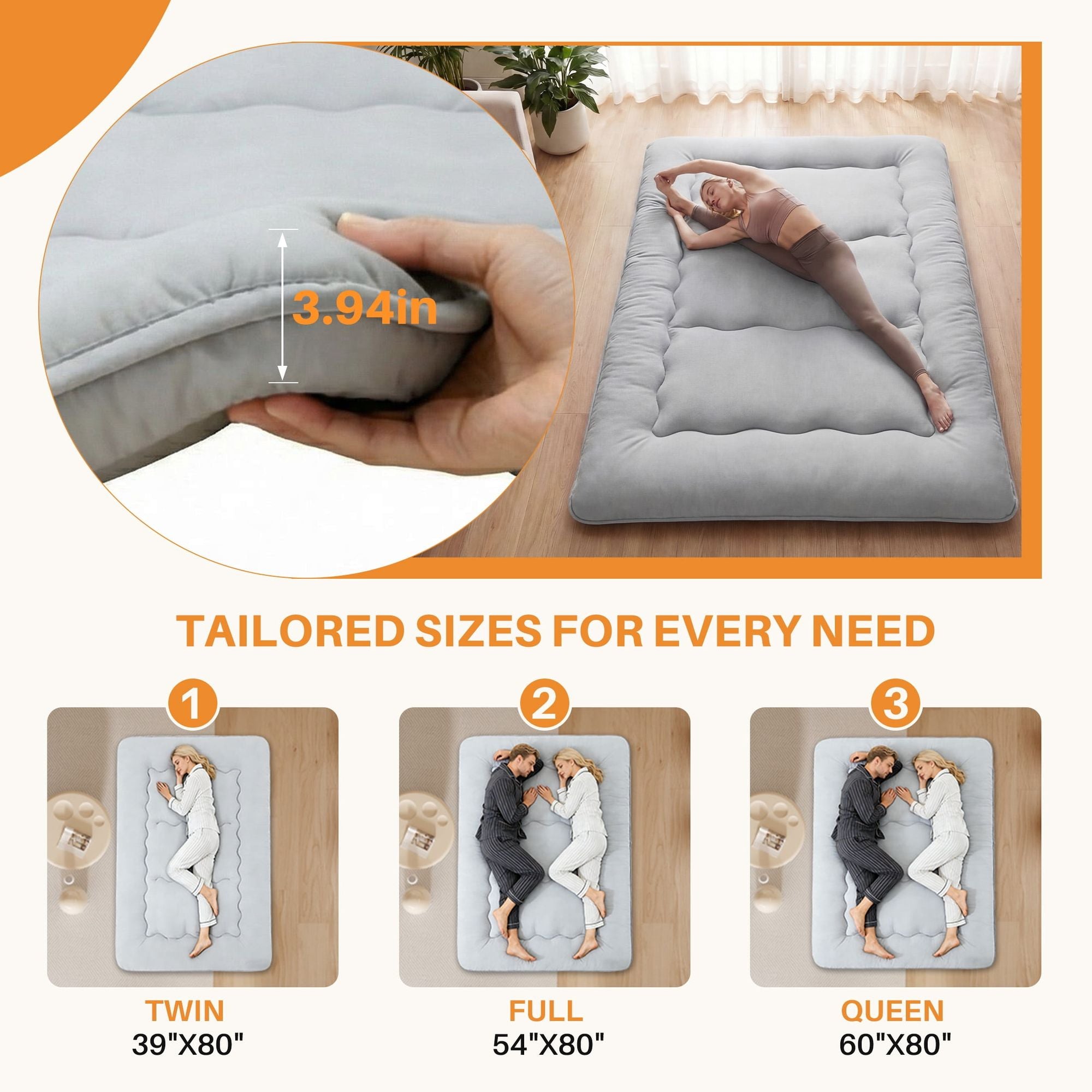 Japanese Floor Futon Mattress Topper with Upgraded 3-Layer Design for Comfort