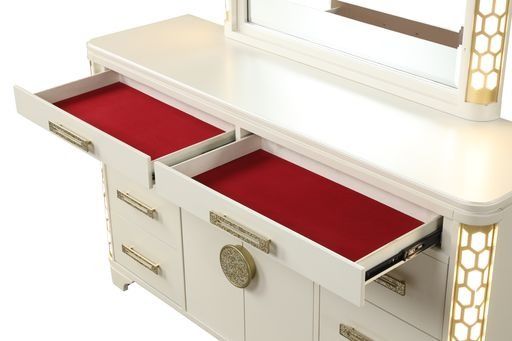 Jasmine Dresser with Gold Accents and Corner Lighting