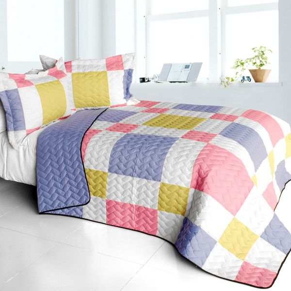 3PC Vermicelli-Quilted Patchwork Quilt Set - Full/Queen
