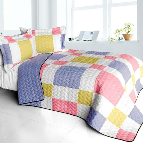 3PC Vermicelli-Quilted Patchwork Quilt Set - Full/Queen