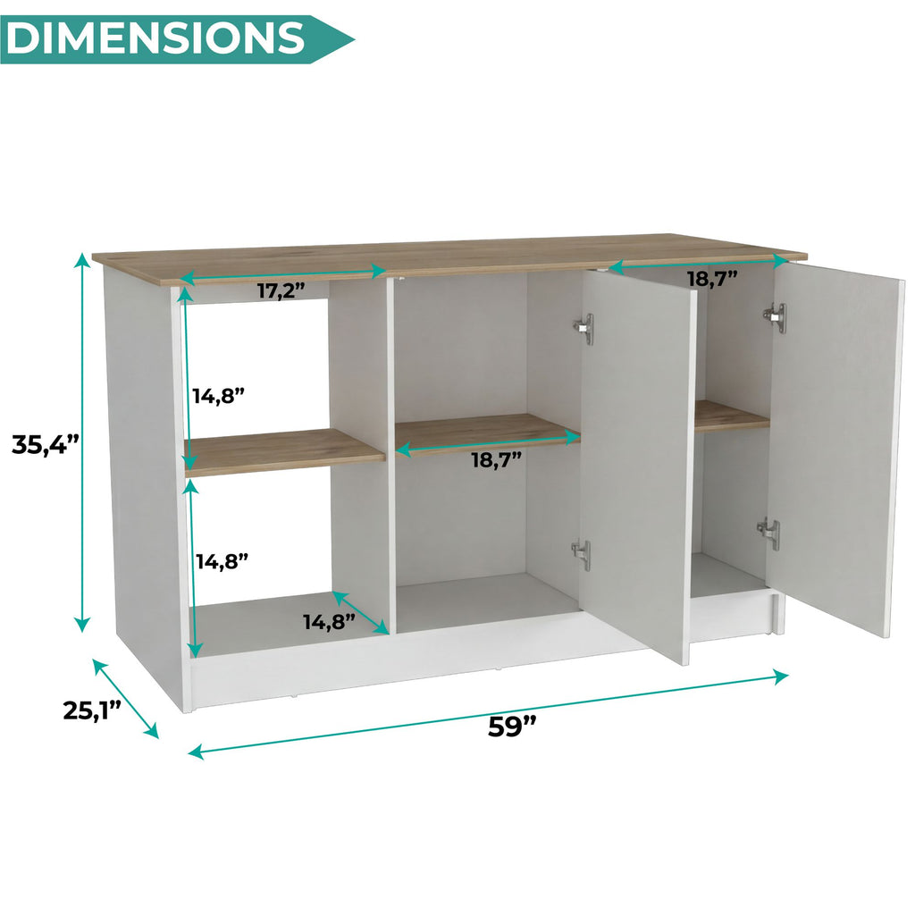 Juniper Kitchen Island with Wide Prep Table, Double Door Cabinet and 2 Open Storage