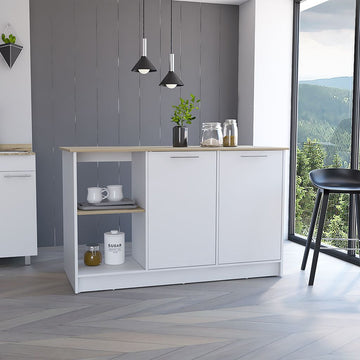 Juniper Kitchen Island with Wide Prep Table, Double Door Cabinet and 2 Open Storage
