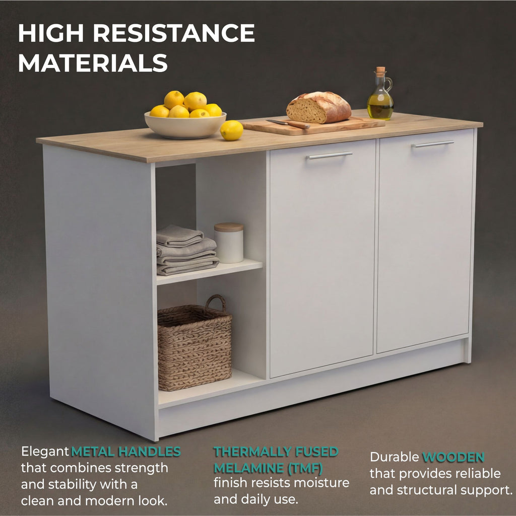 Juniper Kitchen Island with Wide Prep Table, Double Door Cabinet and 2 Open Storage