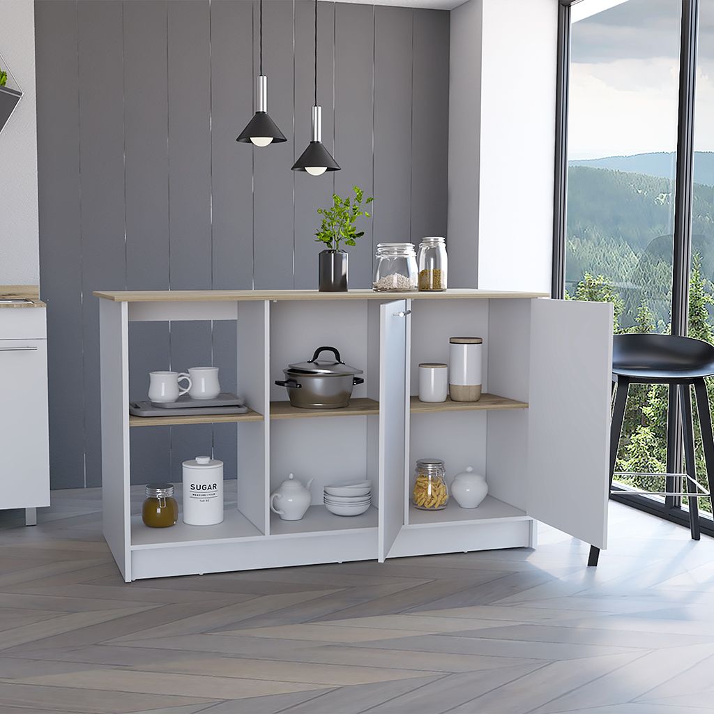 Juniper Kitchen Island with Wide Prep Table, Double Door Cabinet and 2 Open Storage