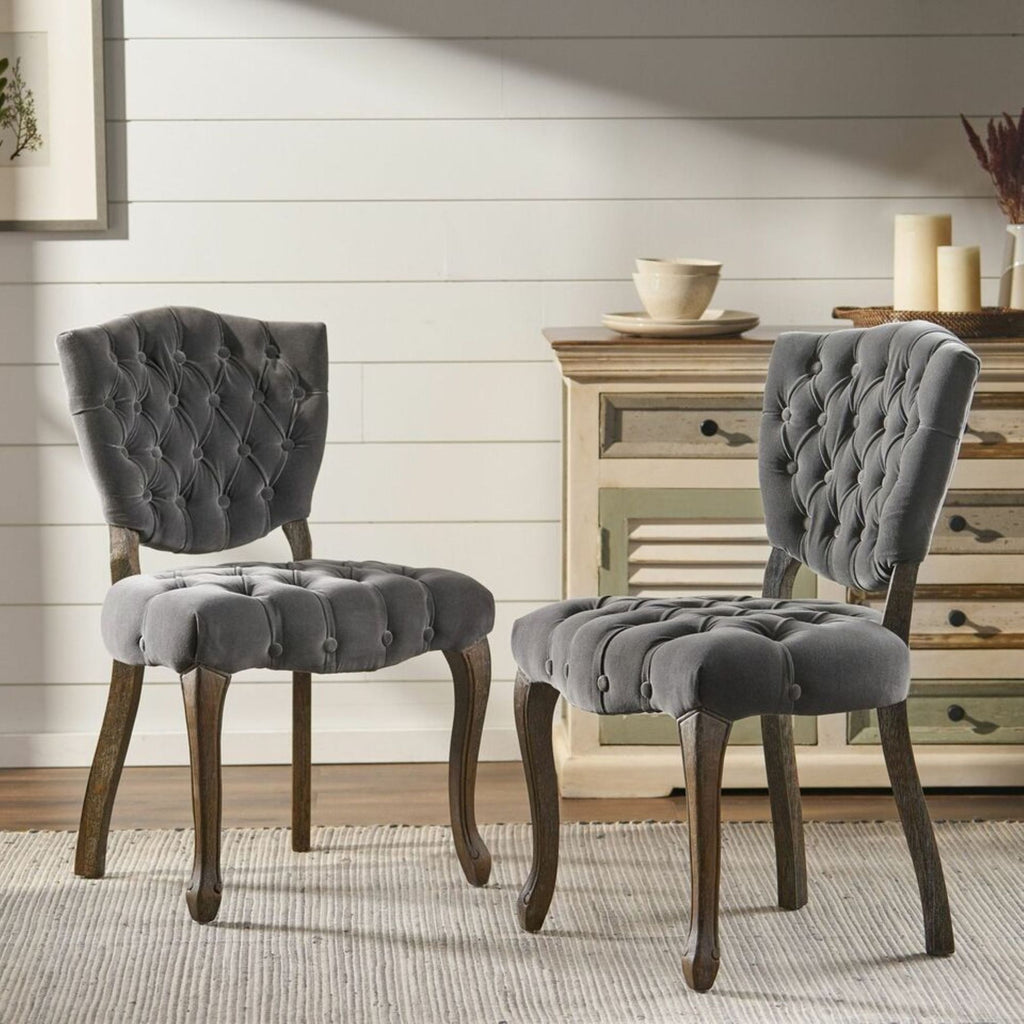 European Design Tufted Velvet Chairs with Hand-Carved Legs – Set of 2