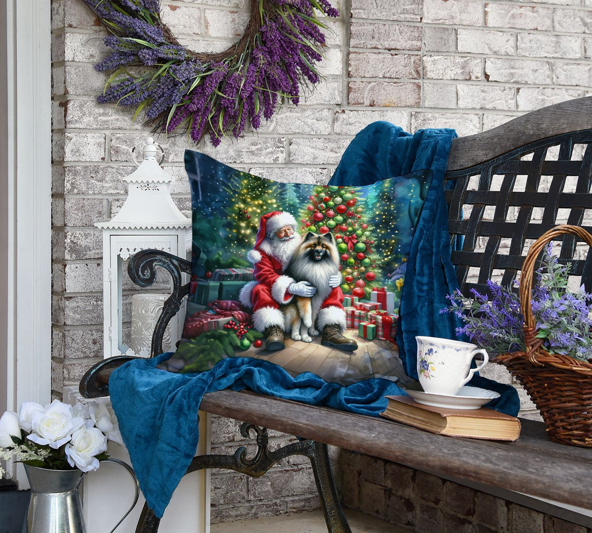 Keeshond and Santa Claus Christmas Throw Pillow