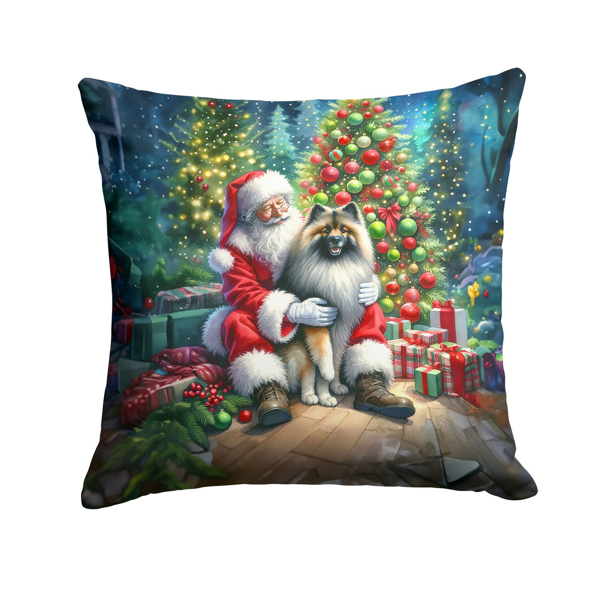 Keeshond and Santa Claus Christmas Throw Pillow
