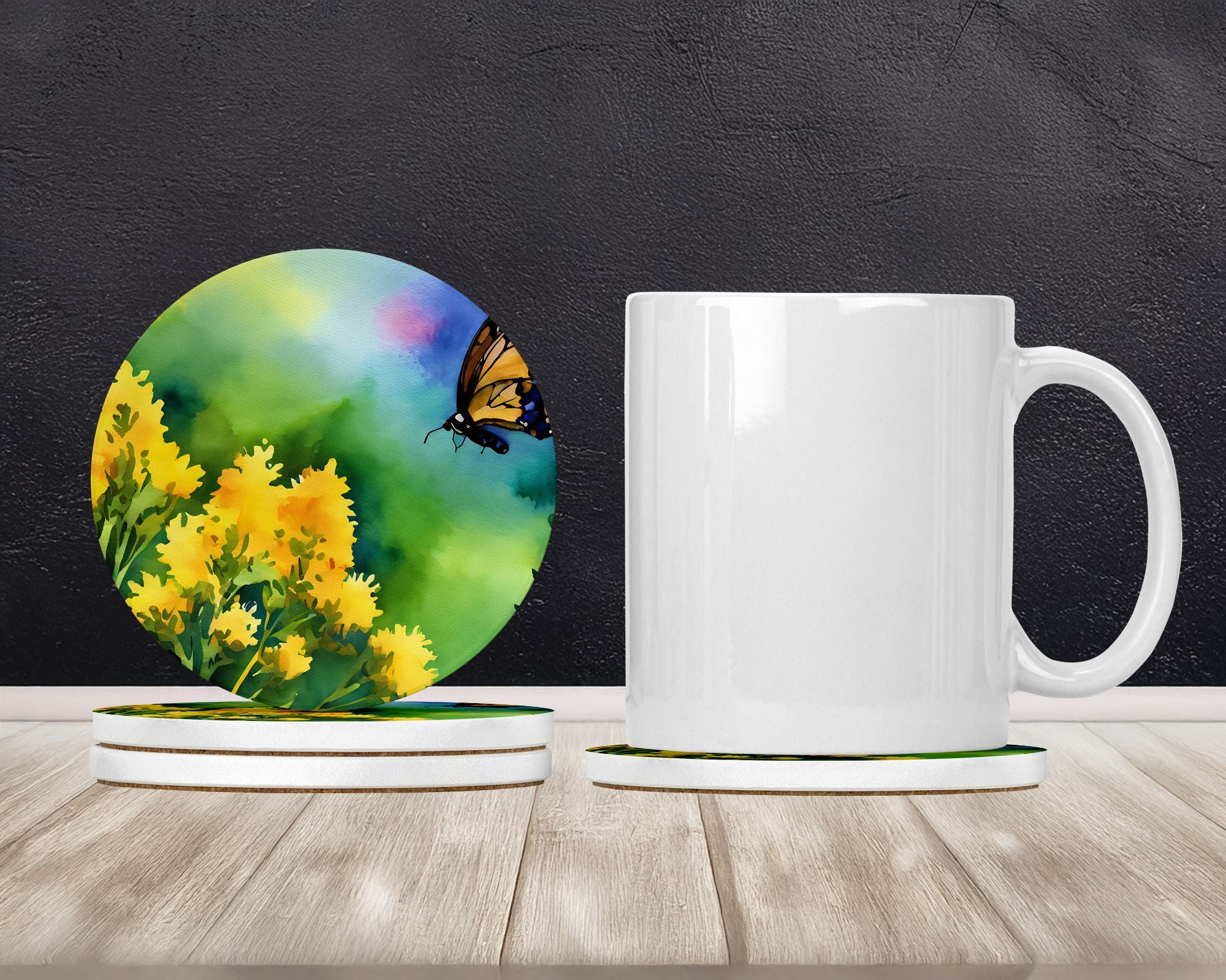 Kentucky Goldenrod Watercolor Sandstone Coasters – Set of 4 Absorbent Round Coasters