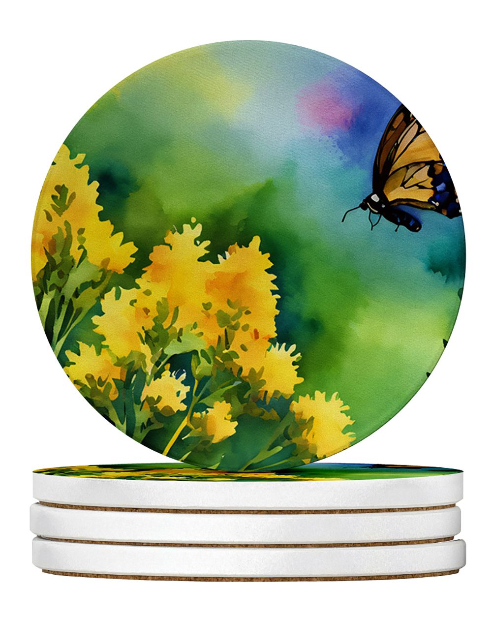 Kentucky Goldenrod Watercolor Sandstone Coasters – Set of 4 Absorbent Round Coasters