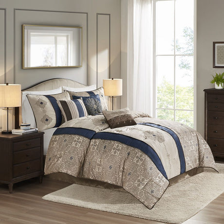 King 7-Piece Jacquard Comforter Set with Throw Pillows - Modern Vertical Stripe Design