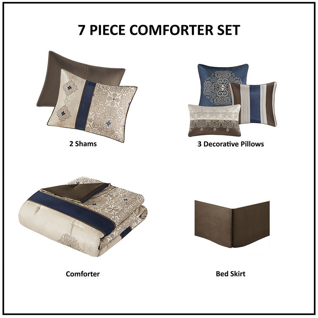 King 7-Piece Jacquard Comforter Set with Throw Pillows - Modern Vertical Stripe Design