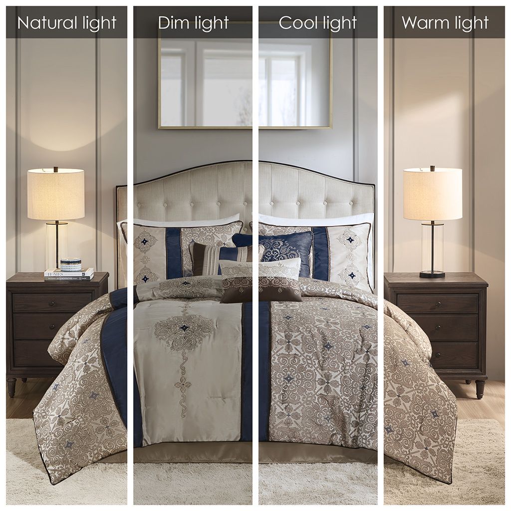 King 7-Piece Jacquard Comforter Set with Throw Pillows - Modern Vertical Stripe Design