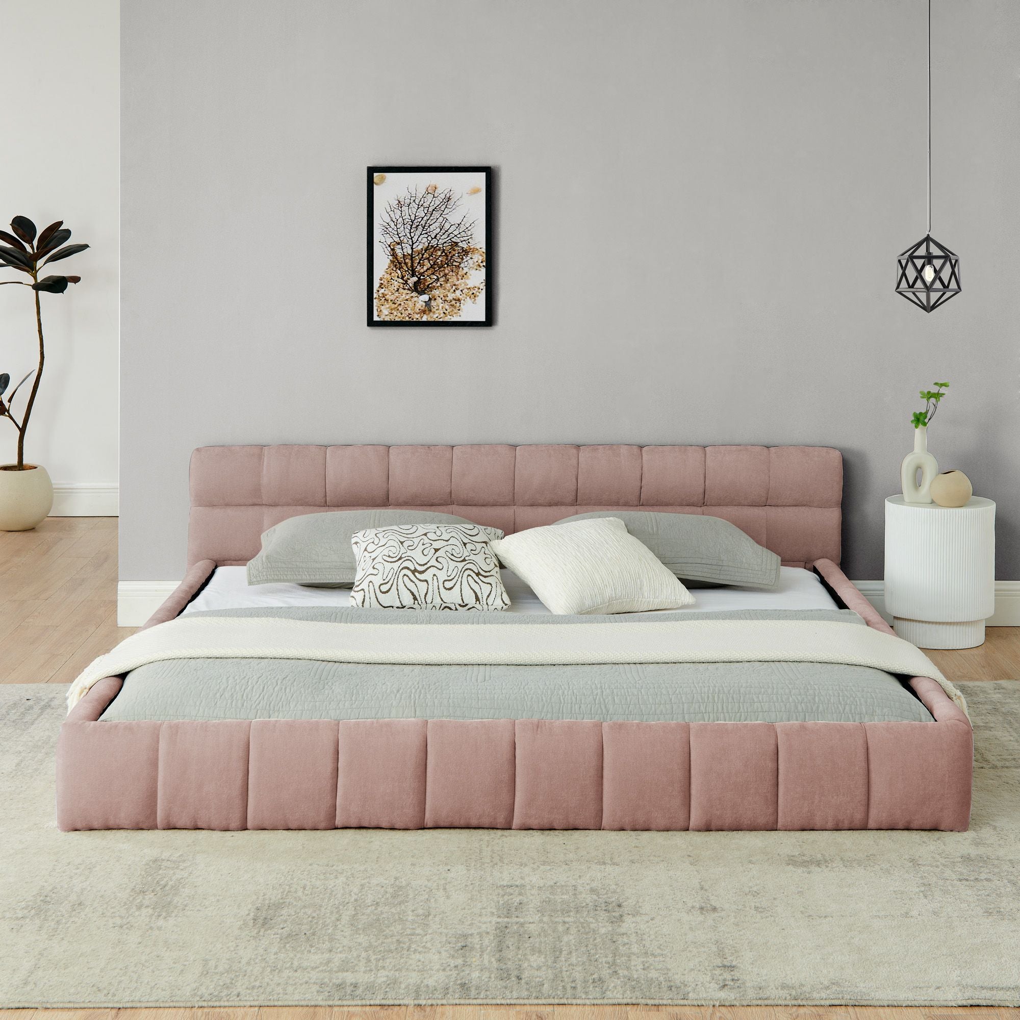 Grounded King Platform Bed with Upholstered Headboard