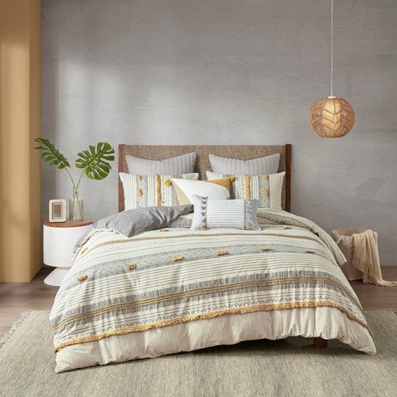 Grey and Yellow Striped Duvet Cover Set