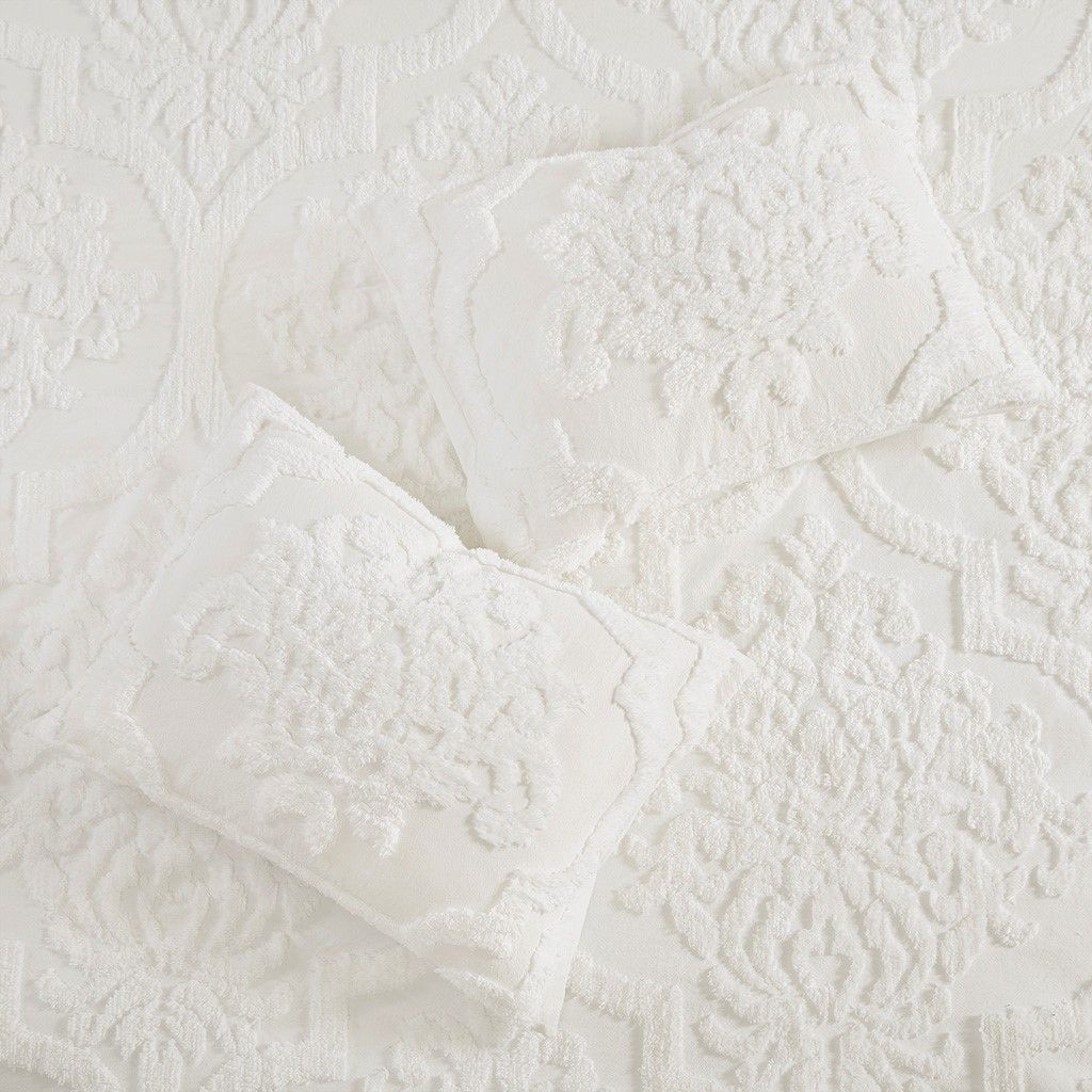 White Tufted Chenille Damask Duvet Cover Set
