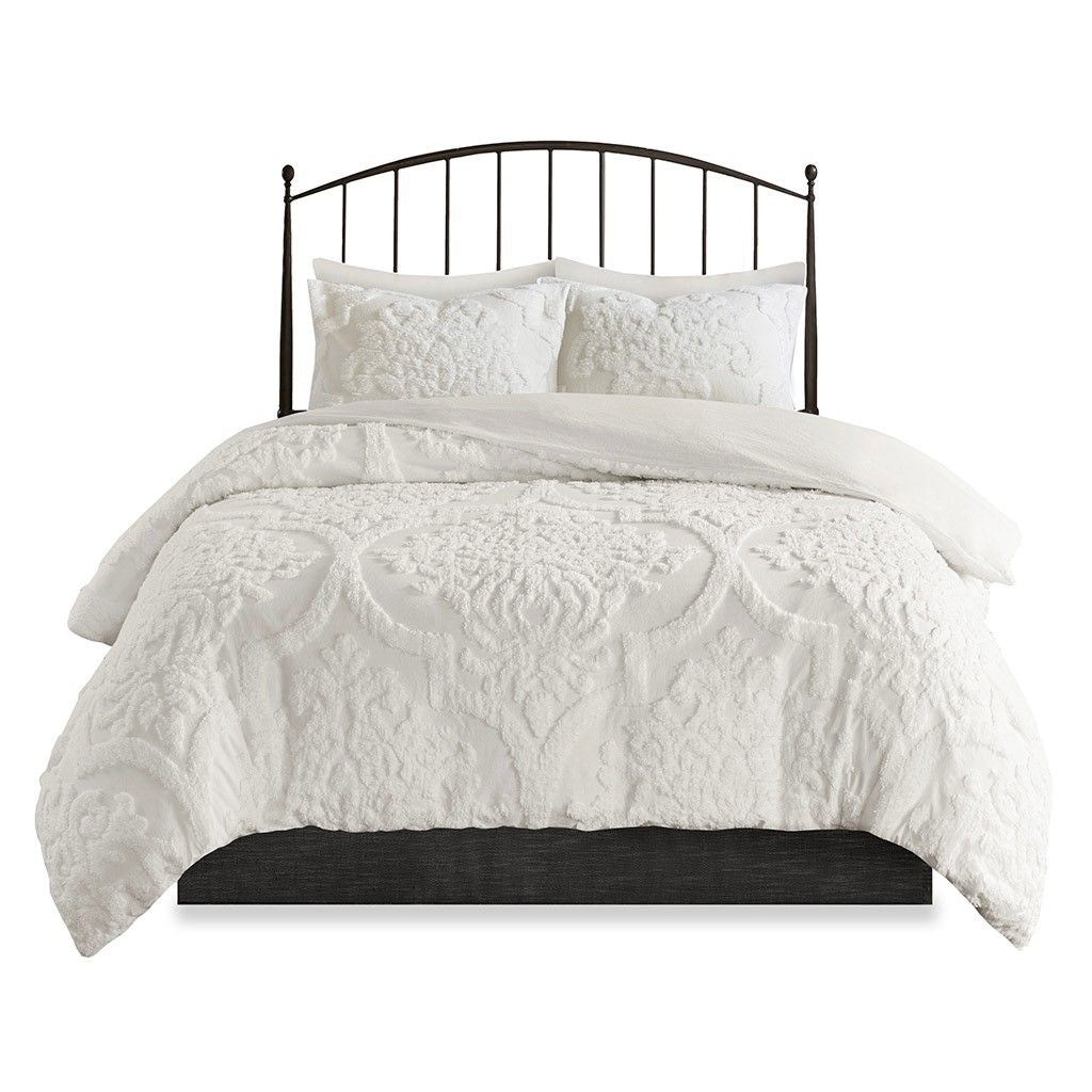 White Tufted Chenille Damask Duvet Cover Set