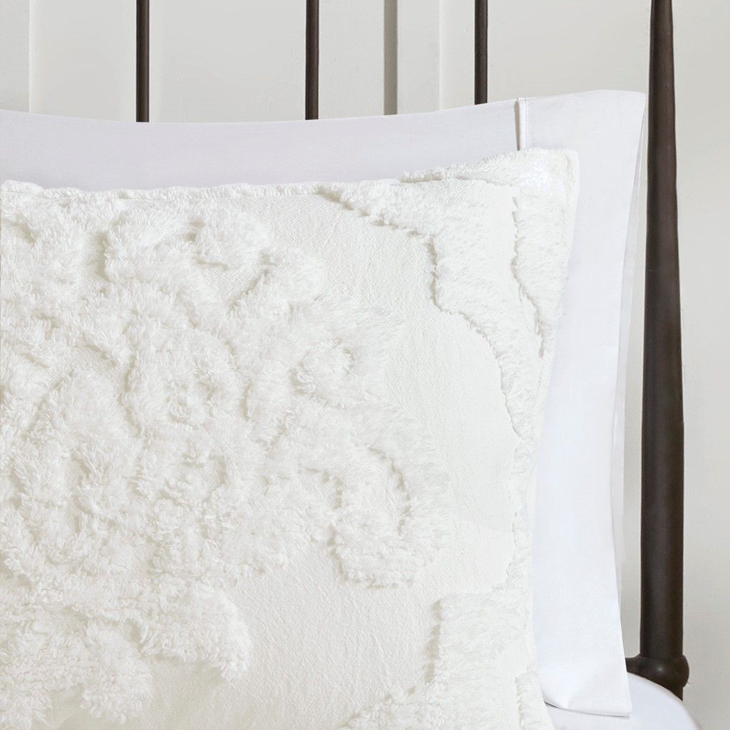 White Tufted Chenille Damask Duvet Cover Set