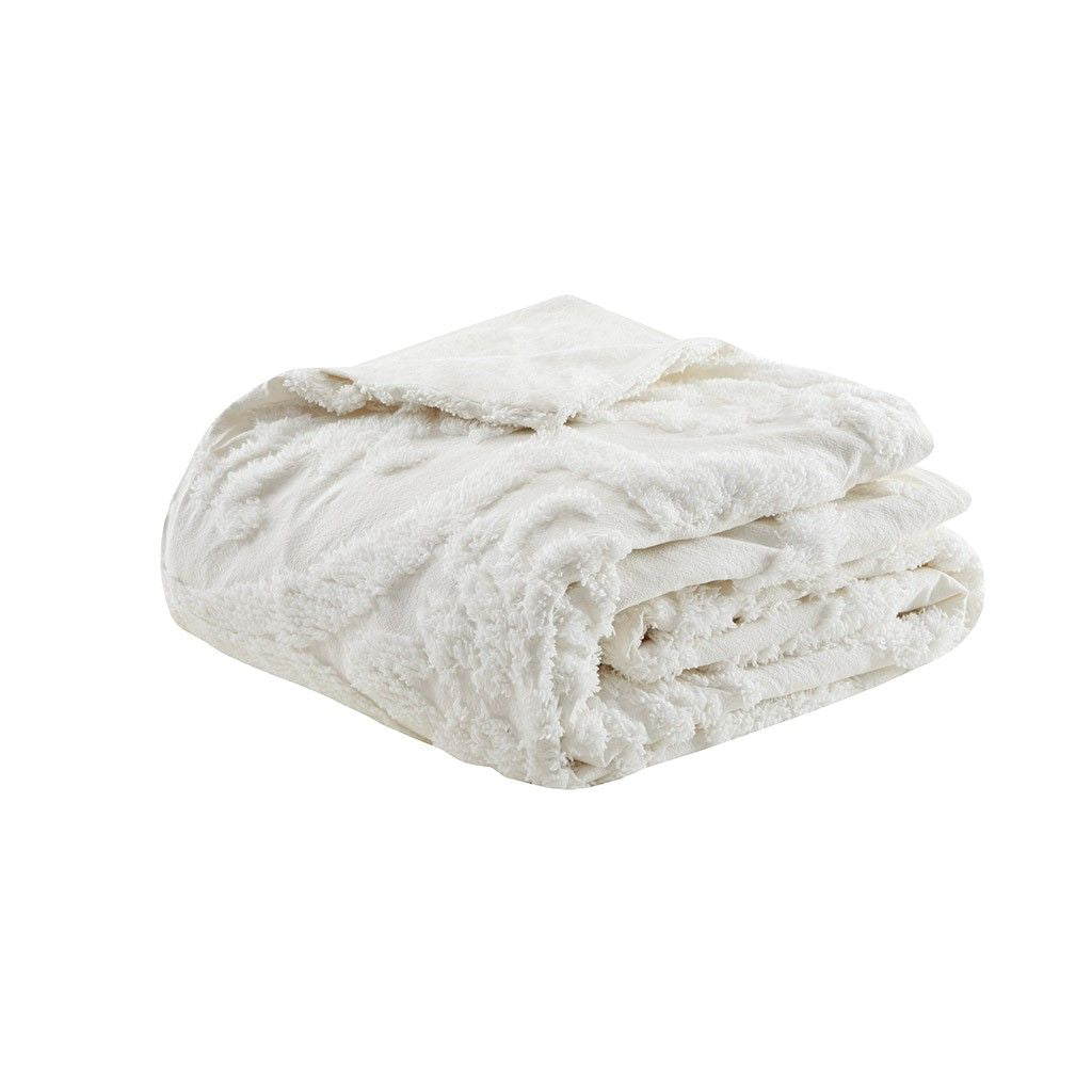 White Tufted Chenille Damask Duvet Cover Set