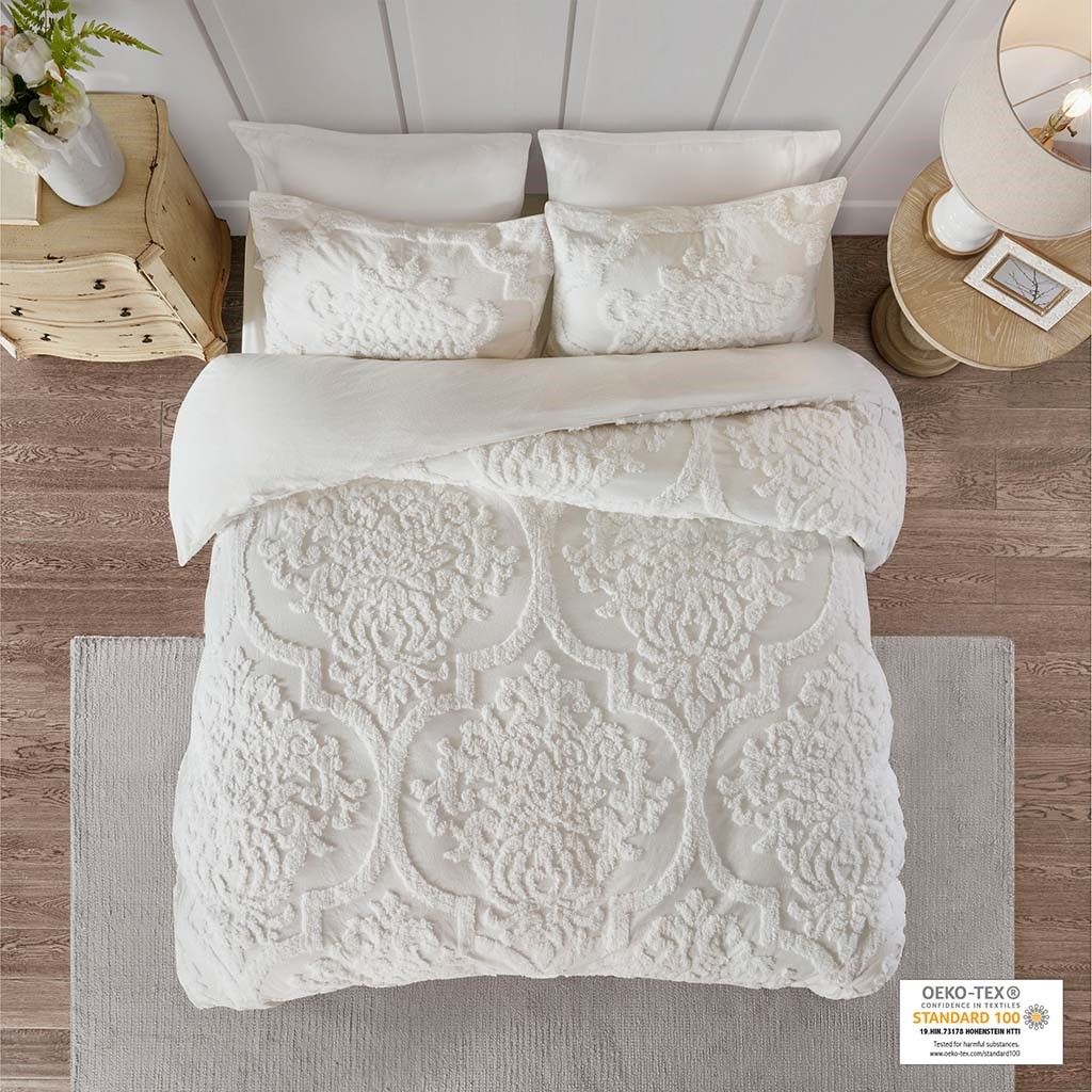 White Tufted Chenille Damask Duvet Cover Set