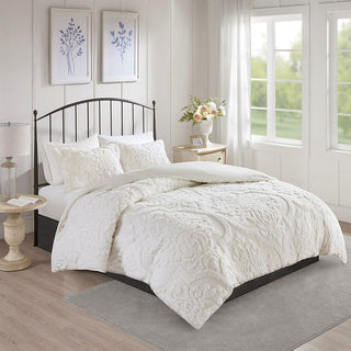 White Tufted Chenille Damask Duvet Cover Set