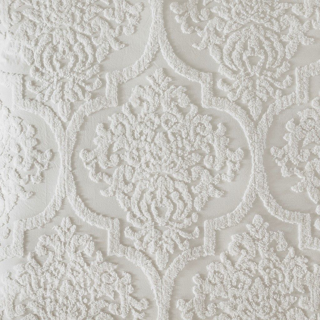 White Tufted Chenille Damask Duvet Cover Set