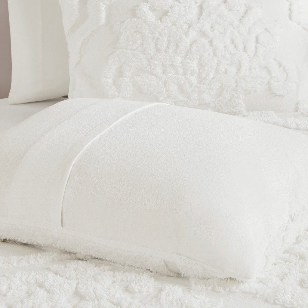 White Tufted Chenille Damask Duvet Cover Set