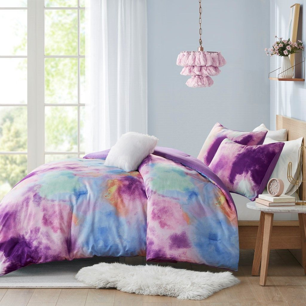 King/Cal King Watercolor Tie Dye Printed Comforter Set with Throw Pillow