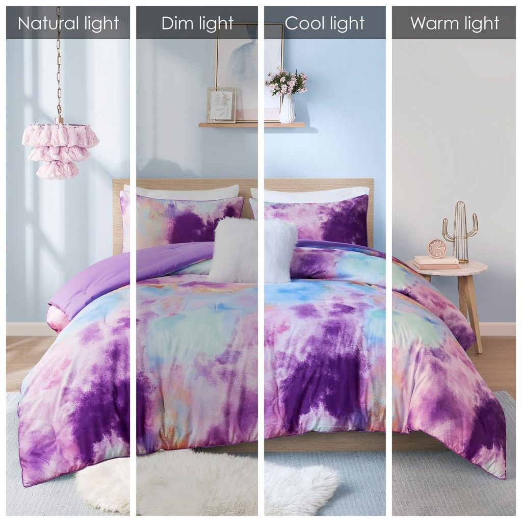 King/Cal King Watercolor Tie Dye Printed Comforter Set with Throw Pillow