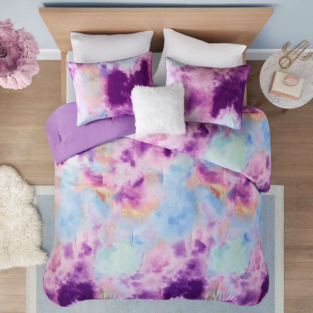King/Cal King Watercolor Tie Dye Printed Comforter Set with Throw Pillow