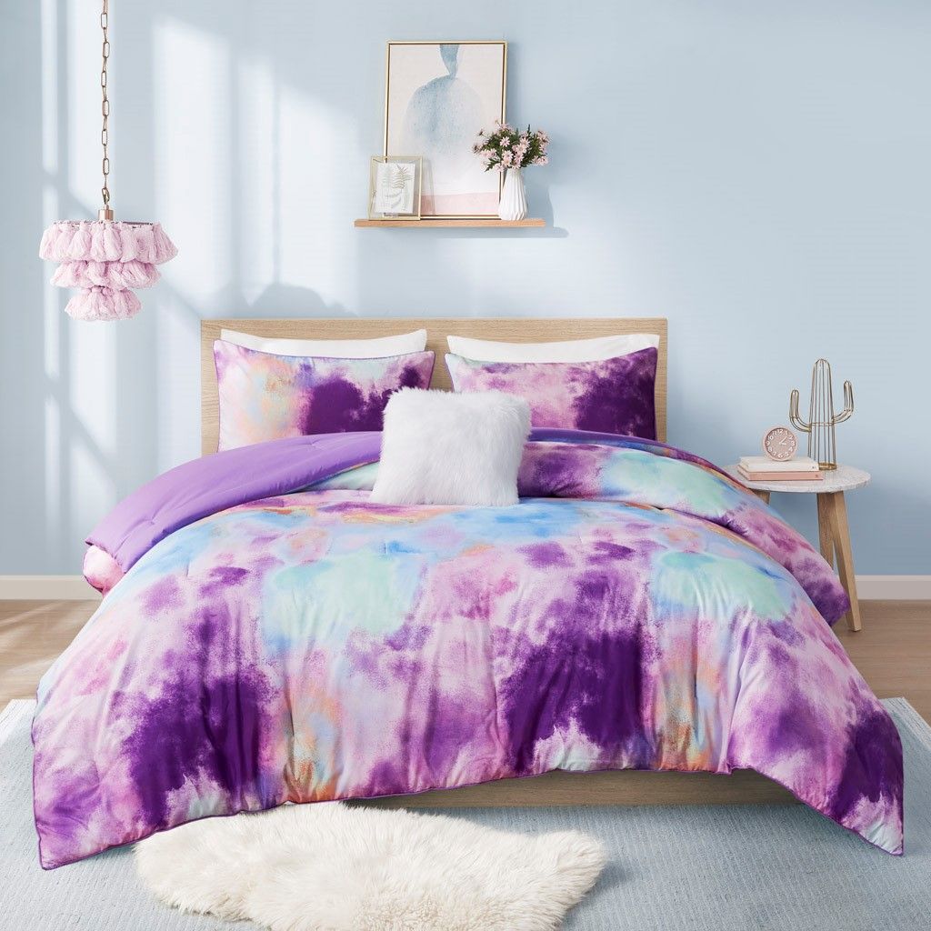 King/Cal King Watercolor Tie Dye Printed Comforter Set with Throw Pillow