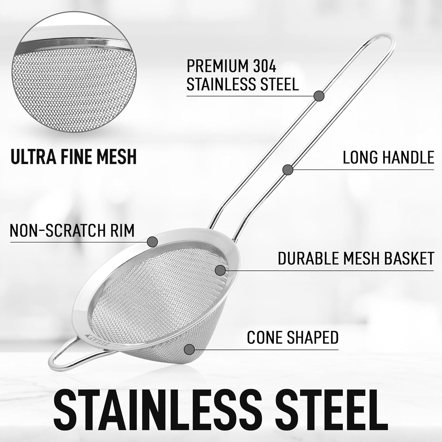 Fine-Mesh Kitchen Strainer for Foods, Tea, and Oil
