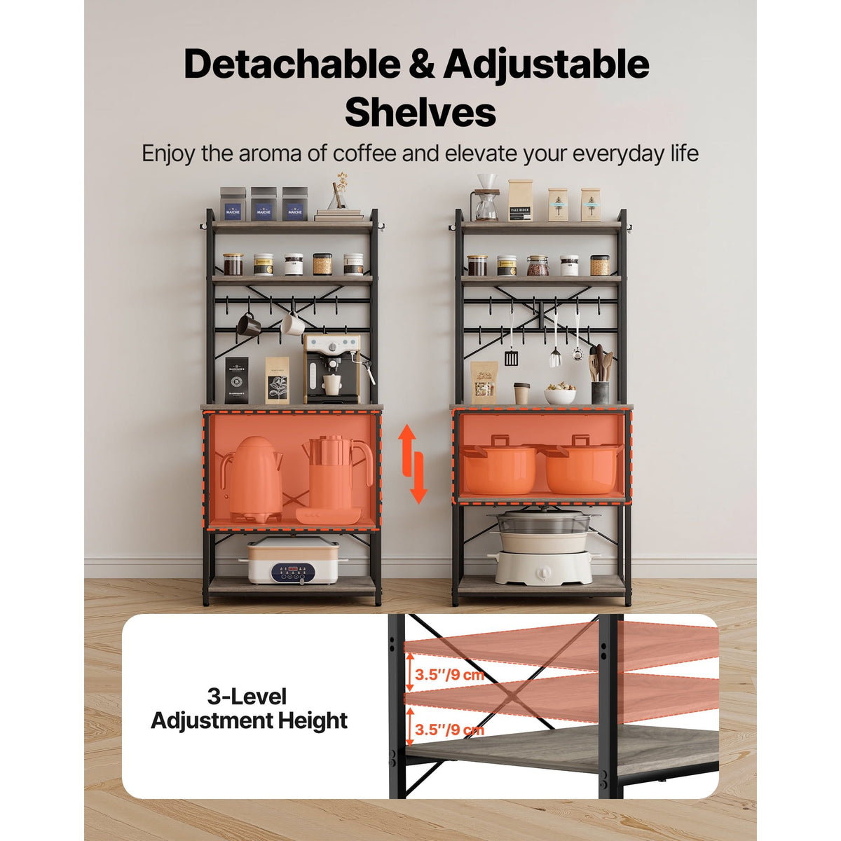 Kitchen Bakers Rack with Three Adjustable Shelf Heights for Small Spaces
