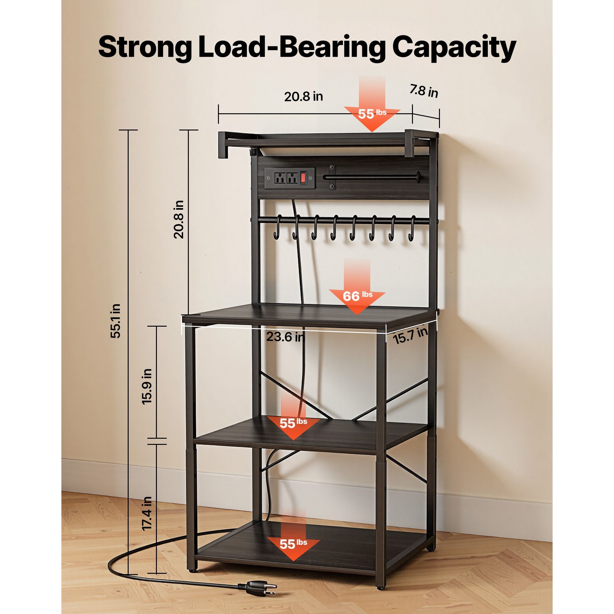 Kitchen Baker’s Rack with Adjustable Shelves and Power Access