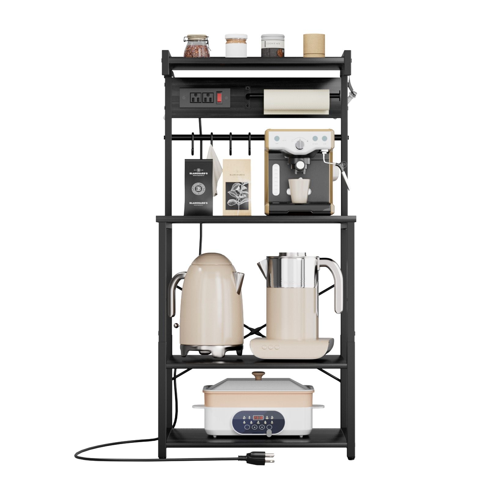 Kitchen Baker’s Rack with Adjustable Shelves and Power Access