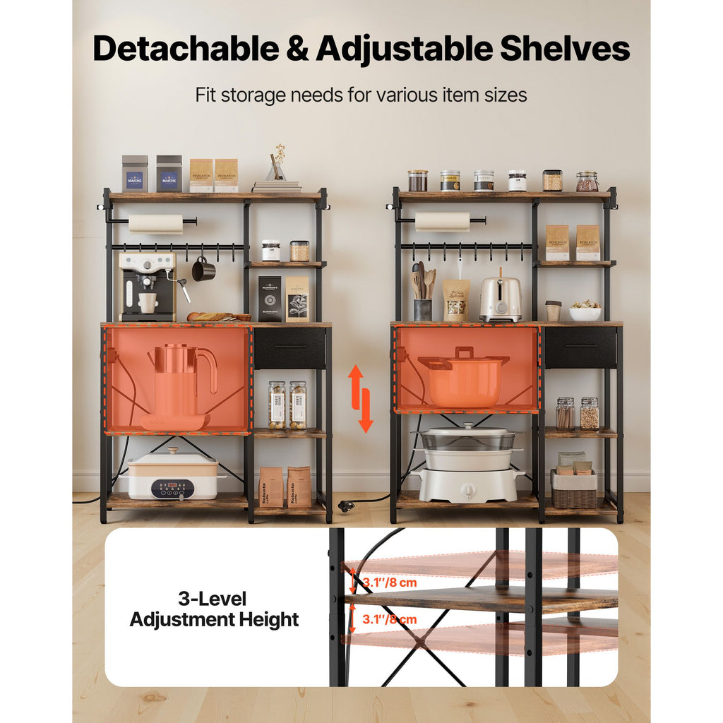 Kitchen Bakers Rack with Built-In Power Strip and Triple Stability