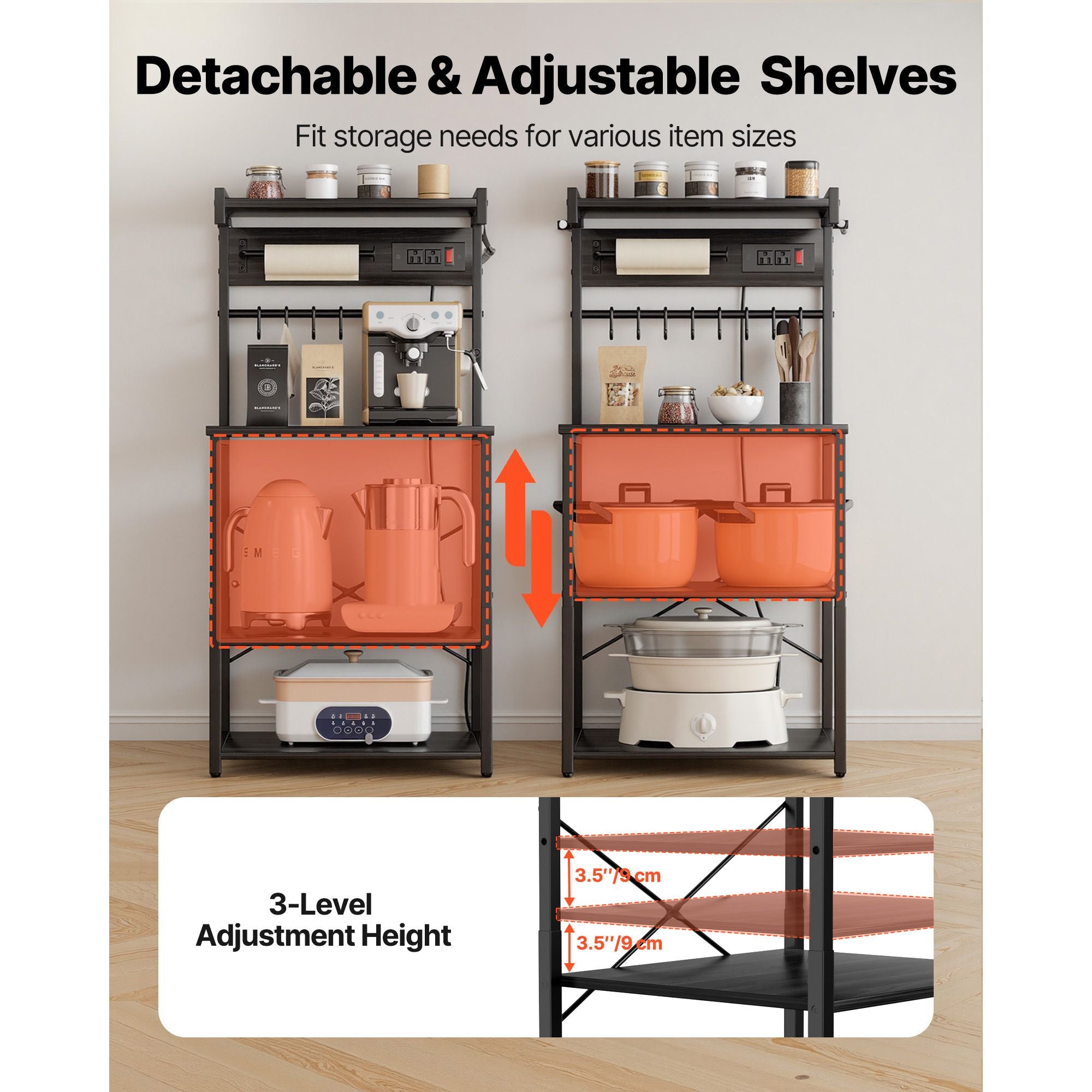Kitchen Baker’s Rack with Adjustable Shelves and Power Access