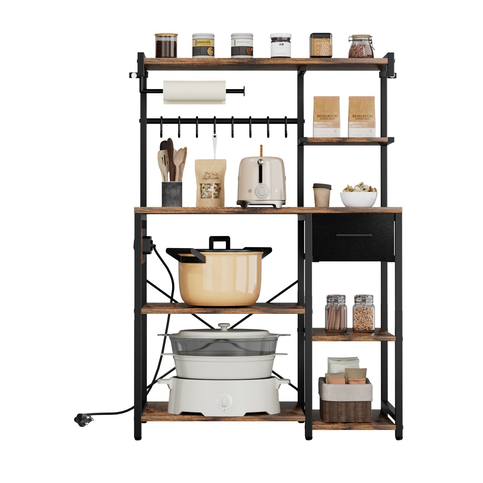 Kitchen Bakers Rack with Built-In Power Strip and Triple Stability