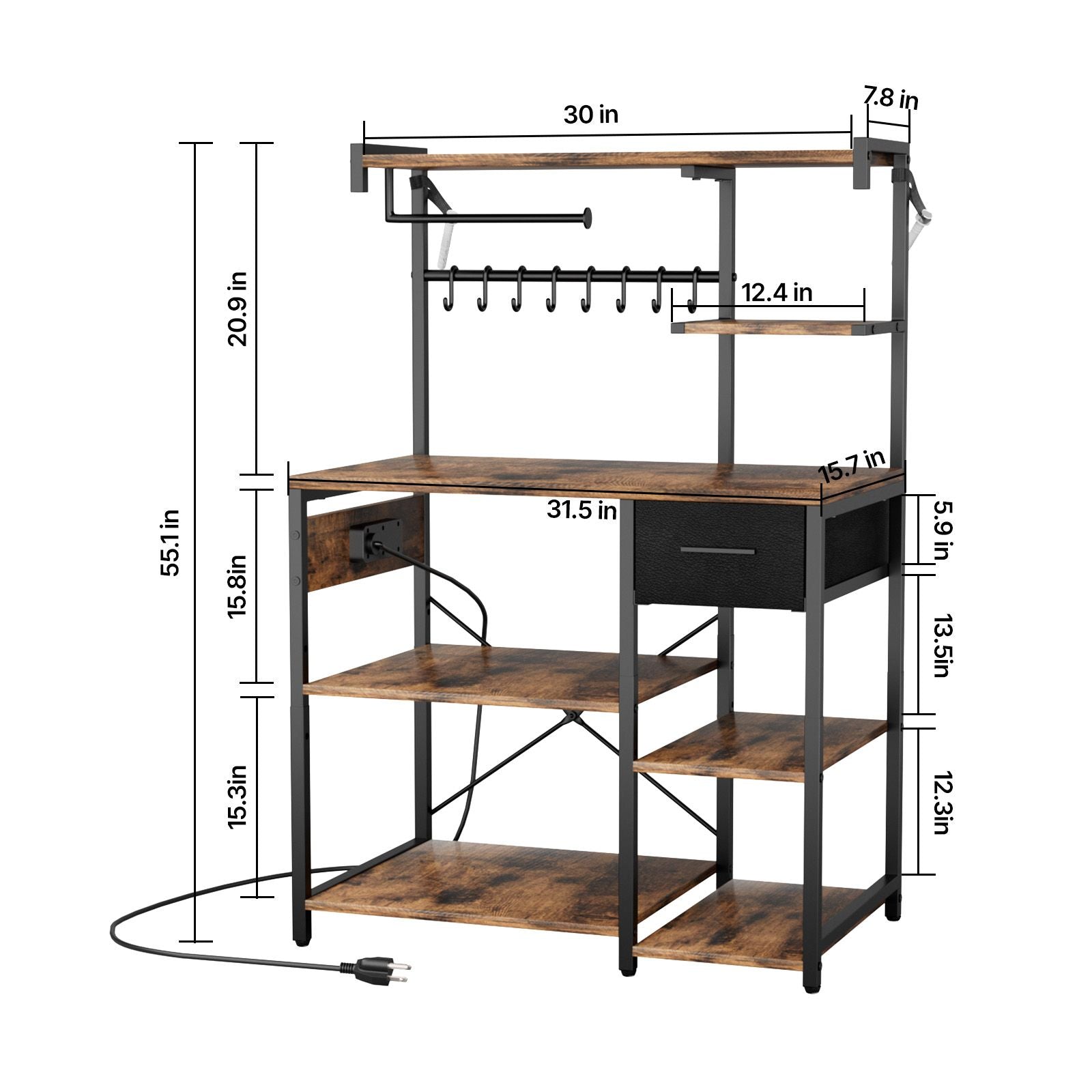 Kitchen Bakers Rack with Built-In Power Strip and Triple Stability