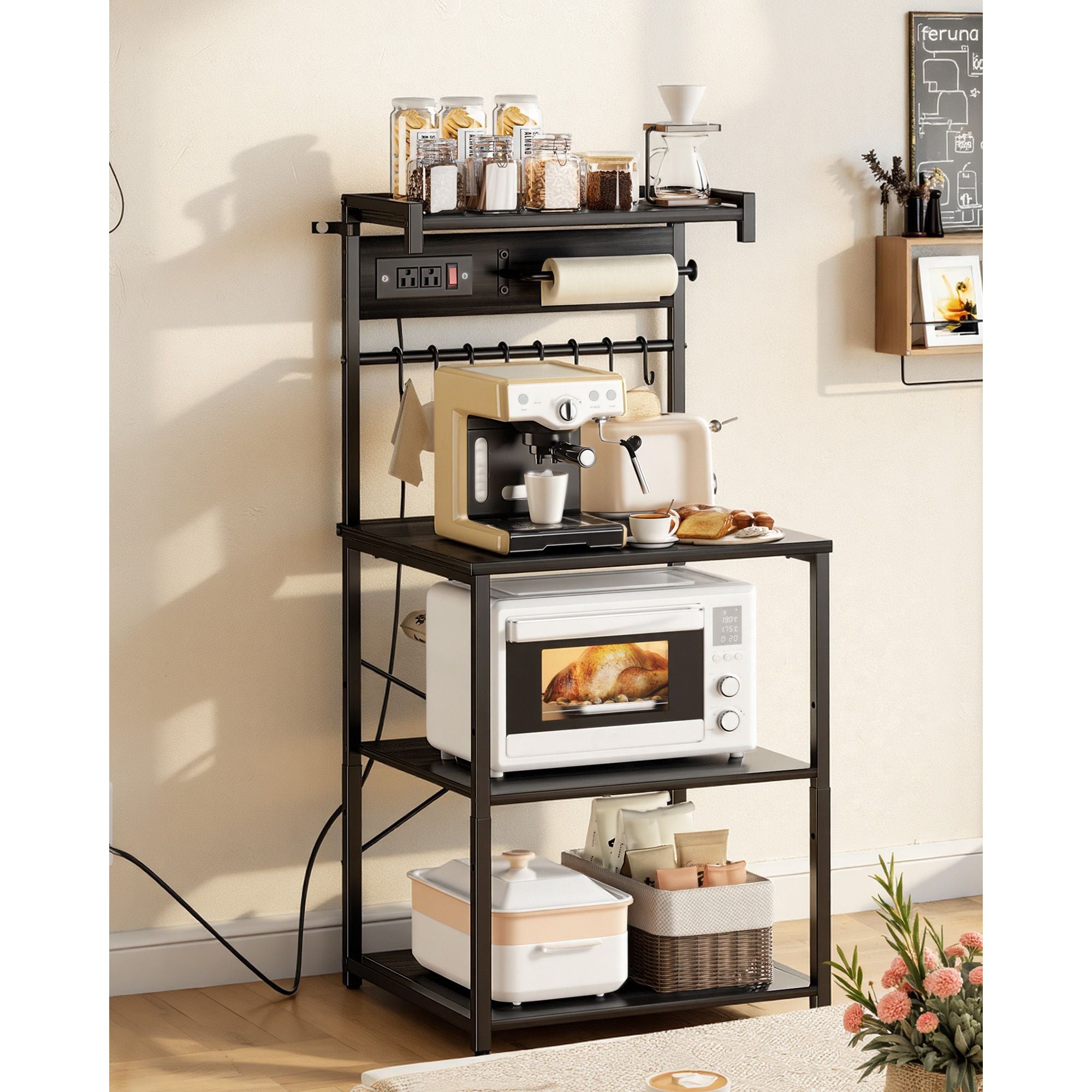 Kitchen Baker’s Rack with Adjustable Shelves and Power Access