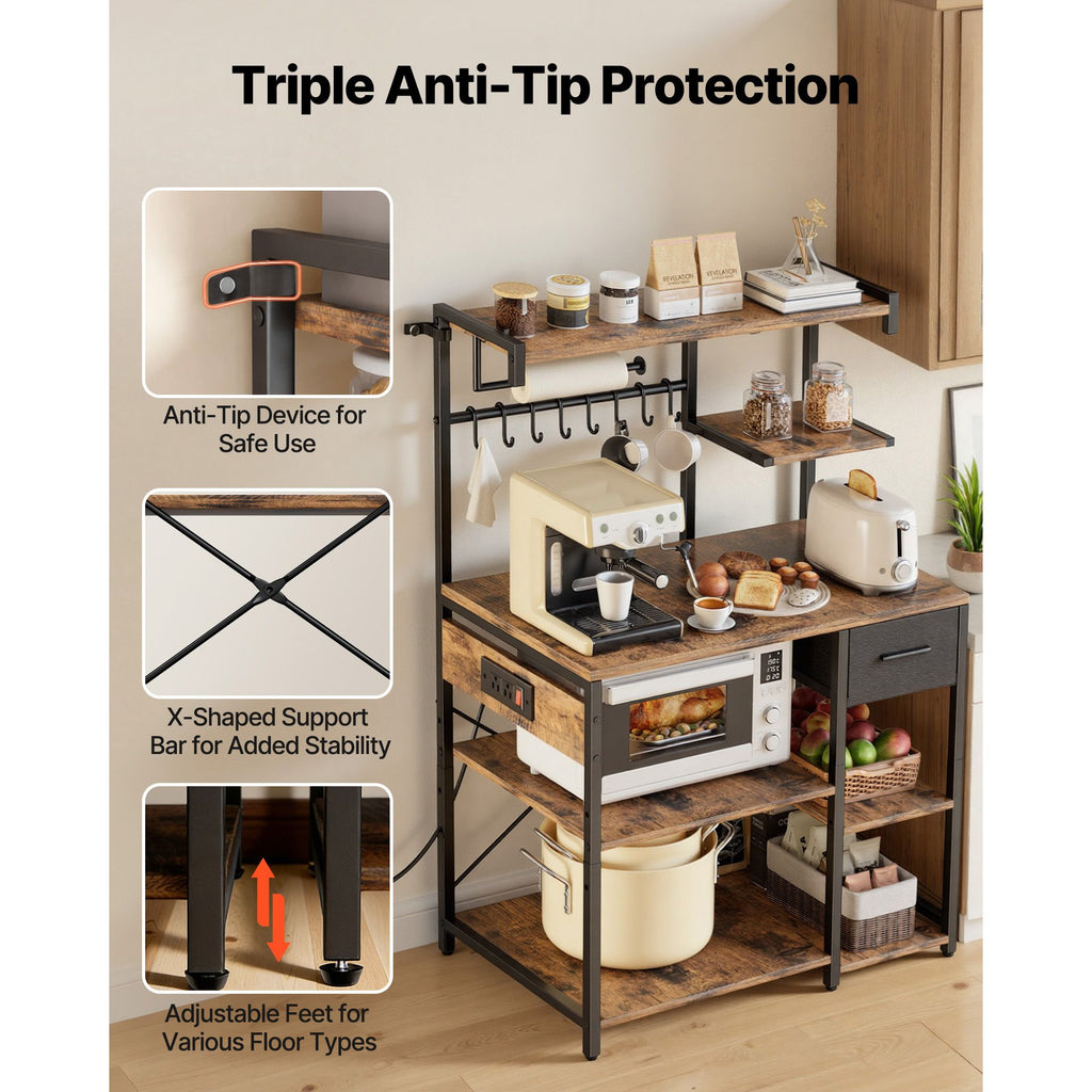 Kitchen Bakers Rack with Built-In Power Strip and Triple Stability