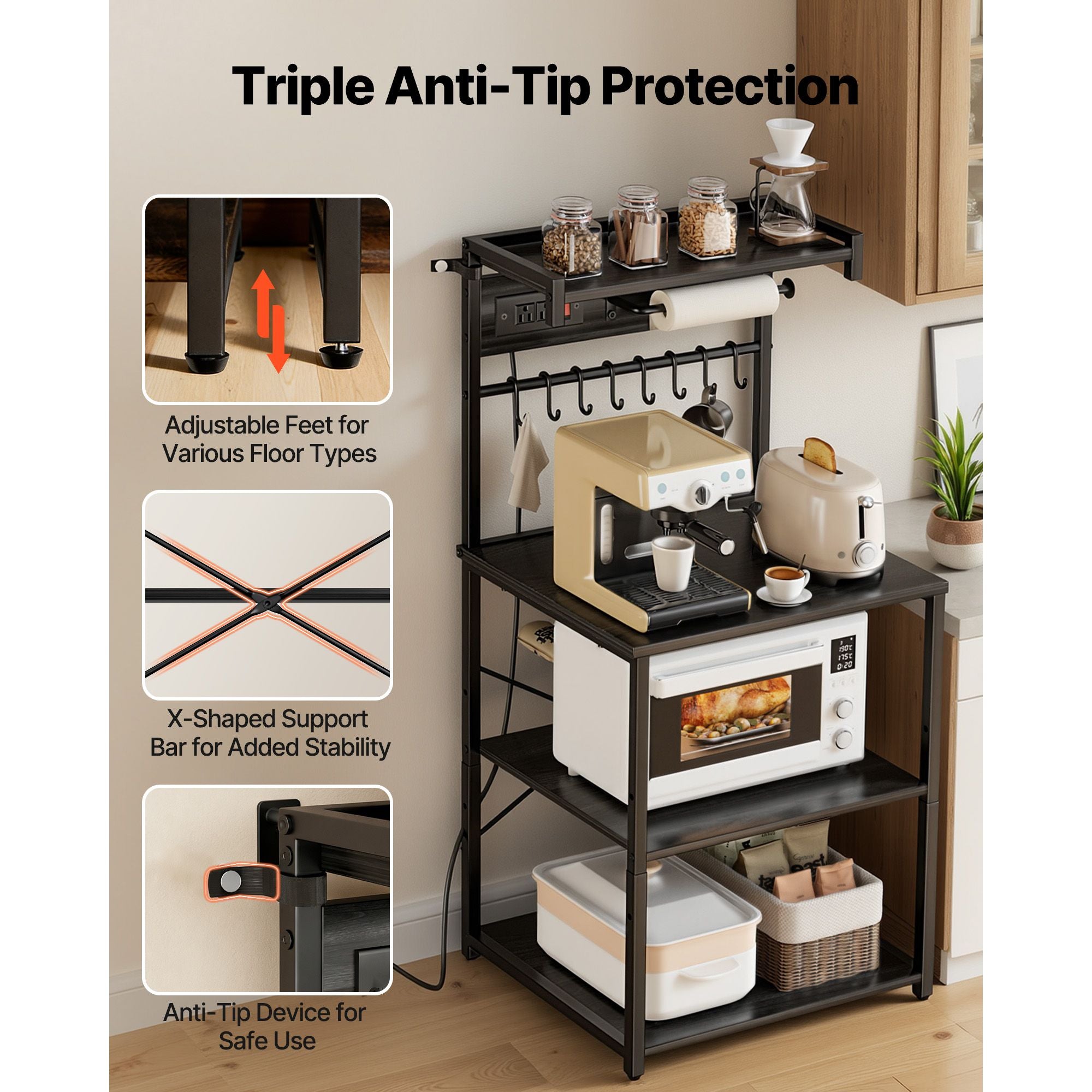 Kitchen Baker’s Rack with Adjustable Shelves and Power Access